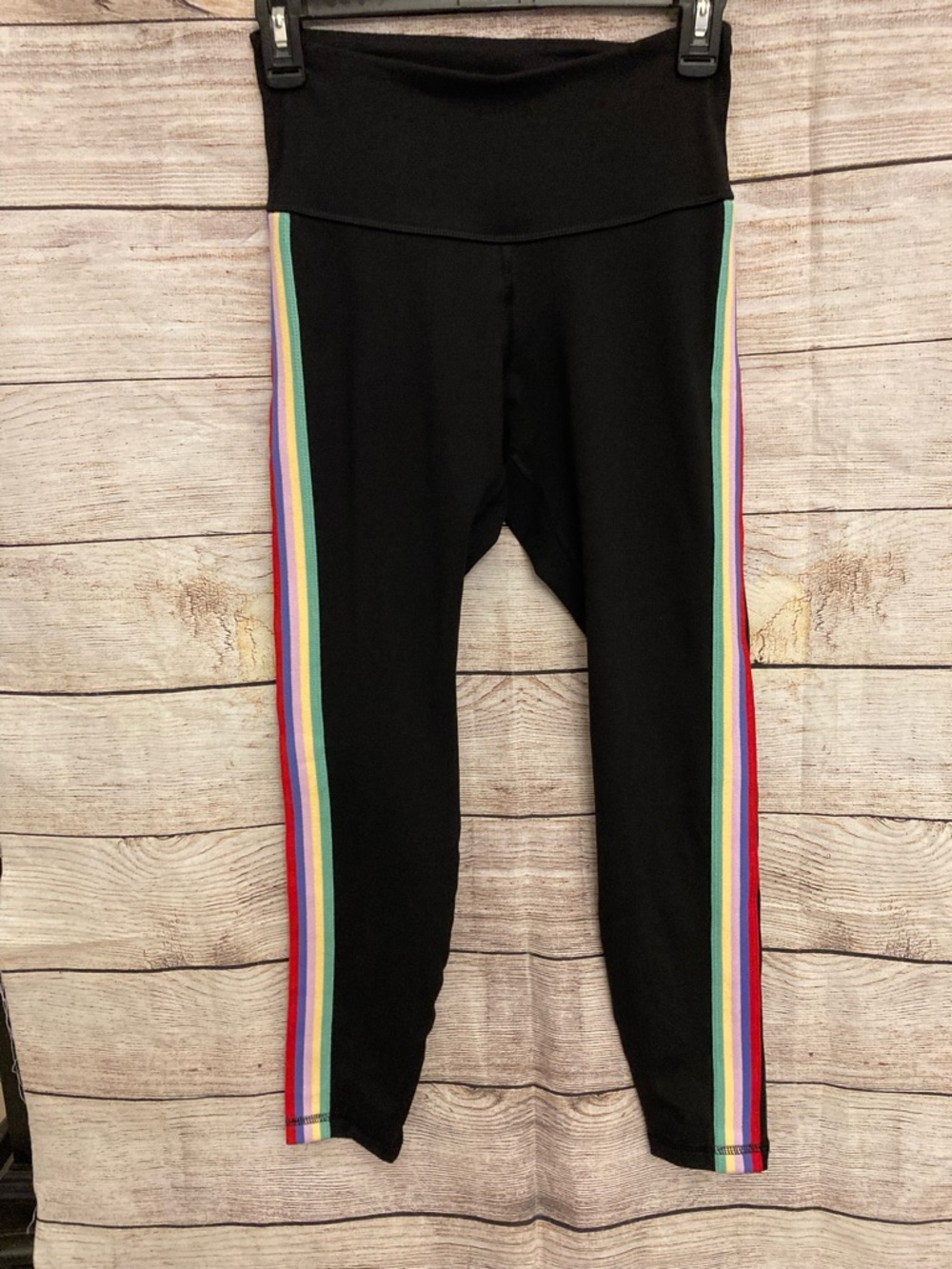 Ladies Old Navy Go-Dry Black Leggings with Rainbow Side Stripes
